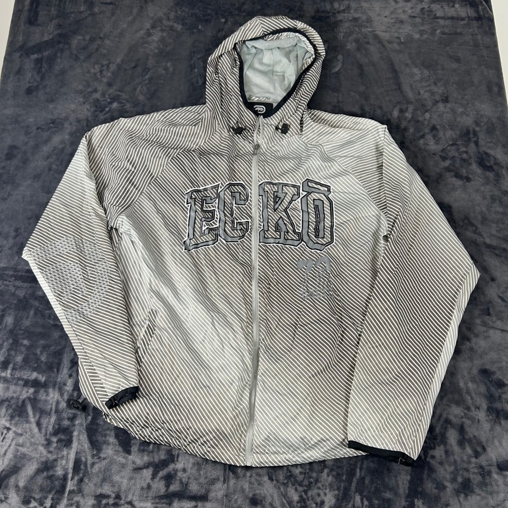Ecko Unltd Windbreaker Jacket Mens XL Grey Striped Full Zip Hooded Mesh Lined